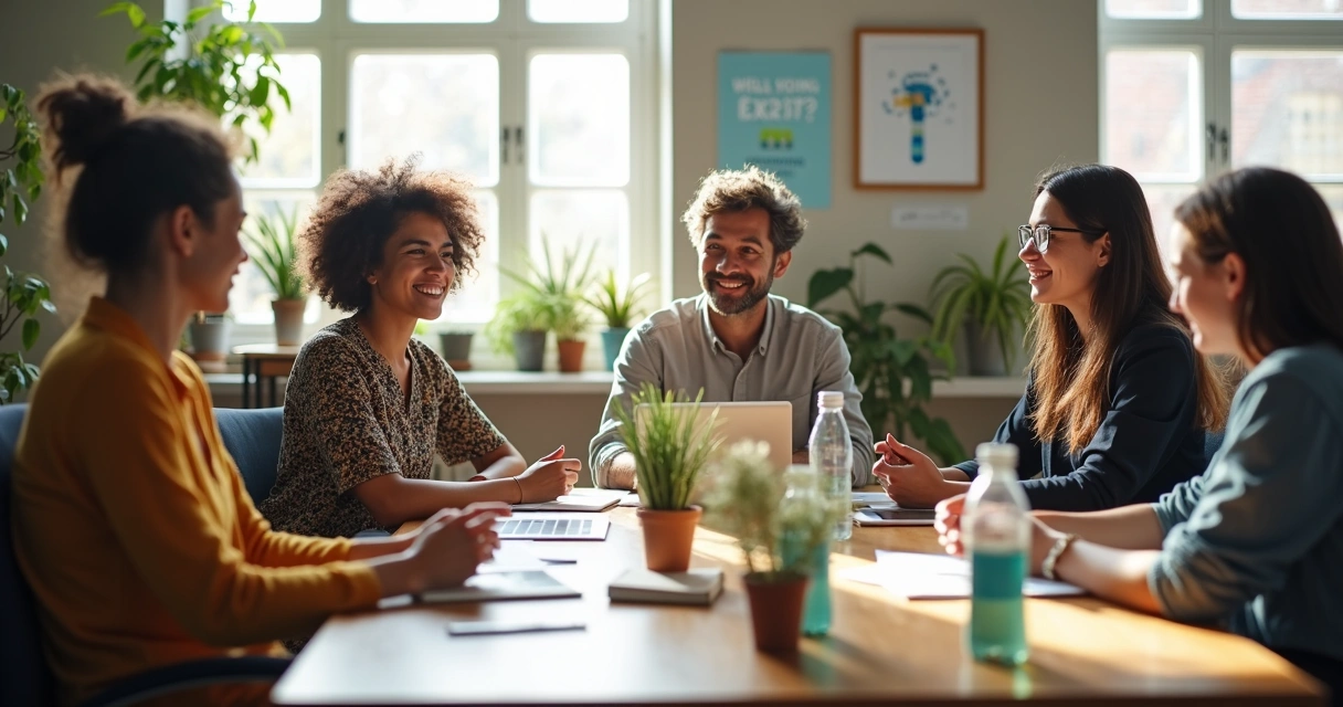 Team meeting with relaxed atmosphere and attentive participants 