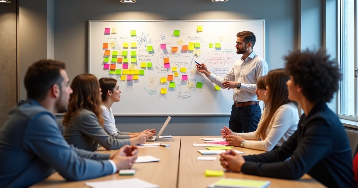 Workshop de aprendizado com pessoas discutindo ideias frente a um quadro branco