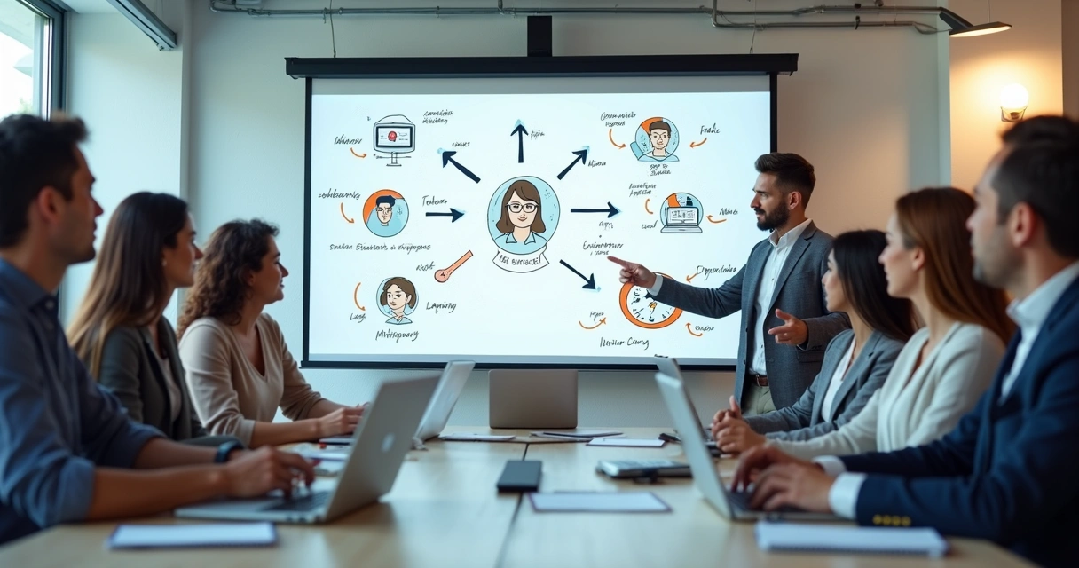 Workshop empresarial discutindo implementação de agentes de IA em processos internos 