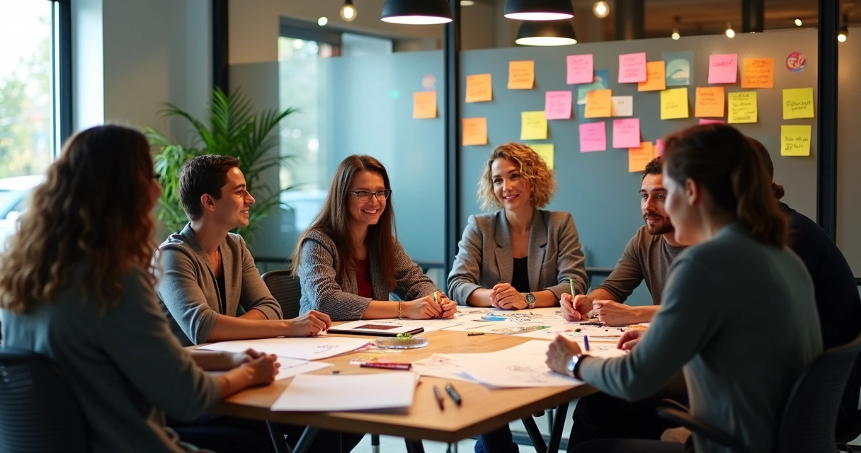 Equipe reunida em workshop de cocriação de branding 