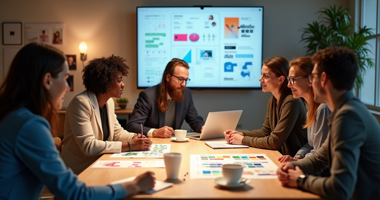 Workshop com equipe discutindo manual de marca em ambiente criativo 