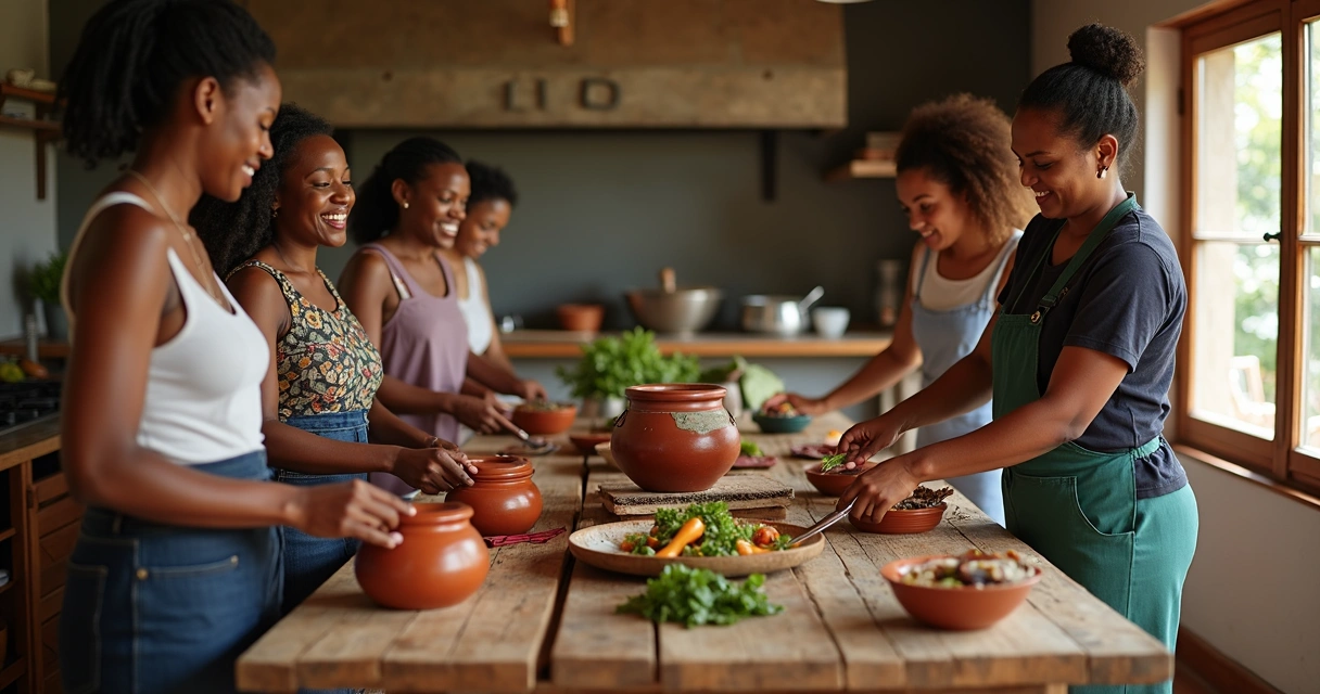 Turistas fazendo workshop de culinária com cozinheira local 