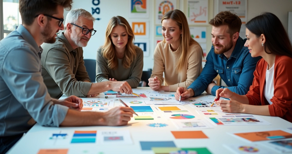 Equipe participando de workshop com painéis coloridos 
