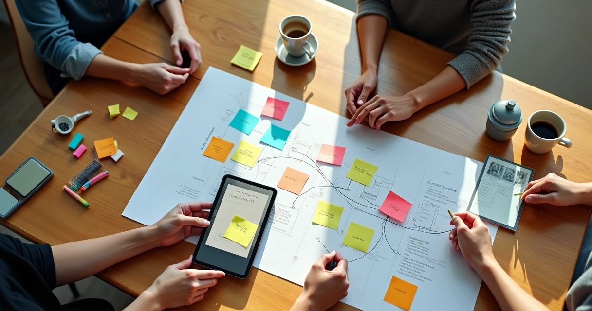 Equipe em workshop com post-its 