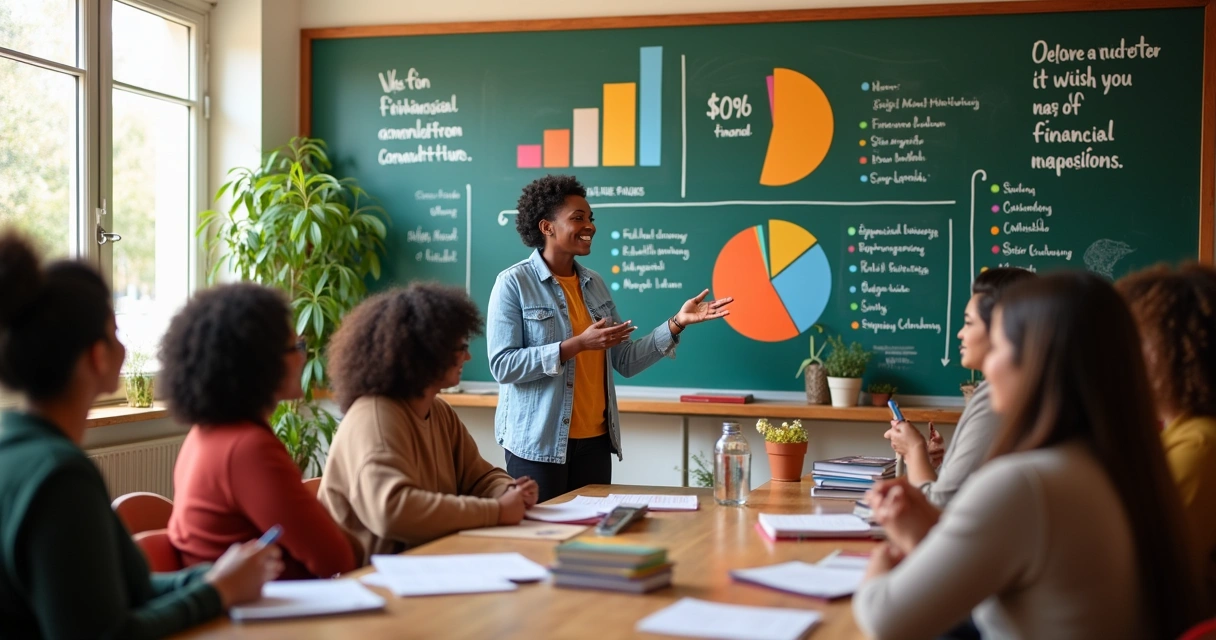 Grupo diversificado participando de um workshop de educação financeira iluminado e envolvente.