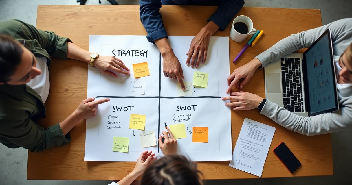 Equipe pequena em workshop de estratégia 