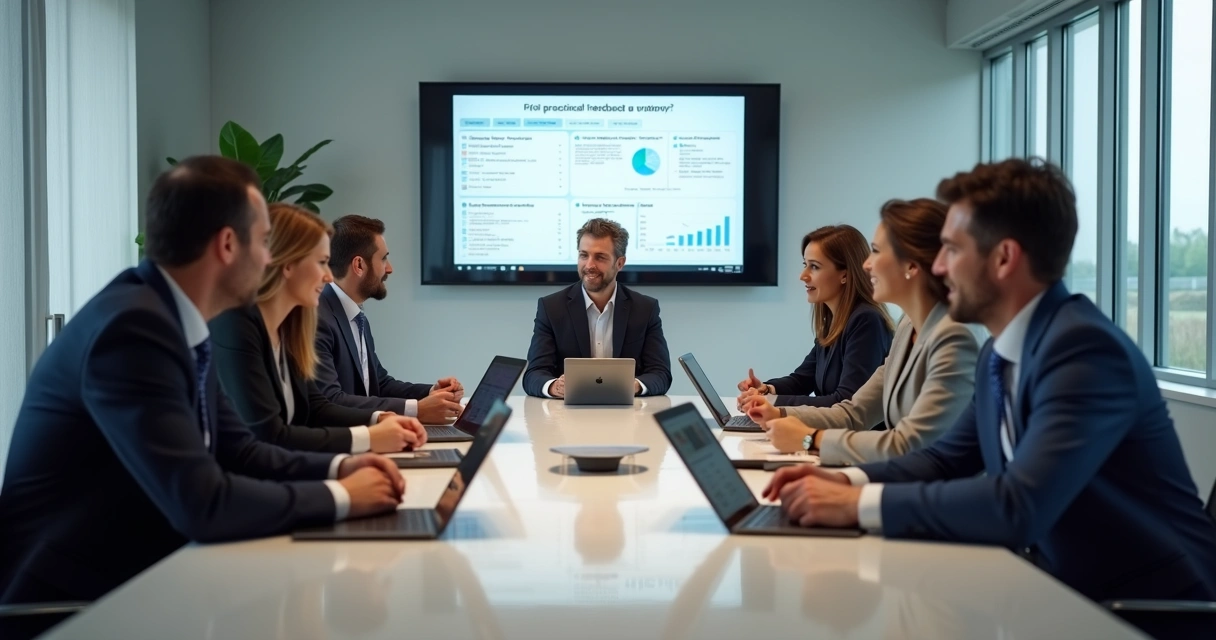 Grupo de líderes corporativos em workshop de feedback com instrutor. 