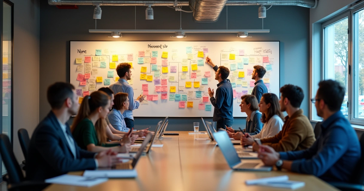 Equipe reunida em uma sala, quadro branco com brainstorm de nomes de produtos 