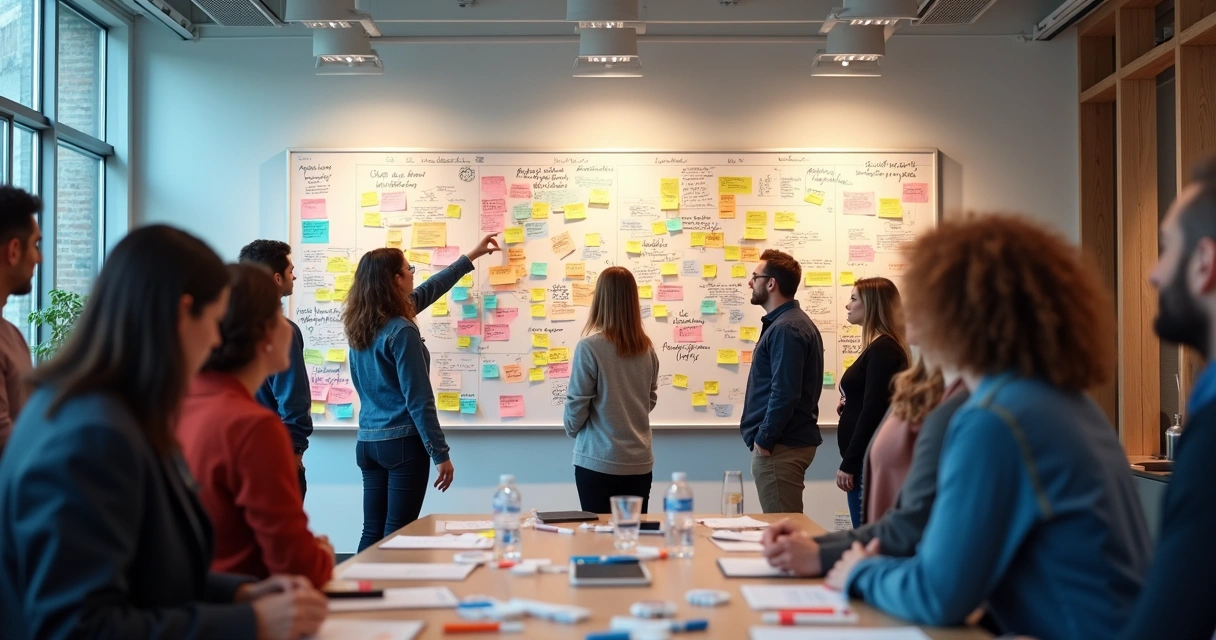 Pessoas em workshop com quadro cheio de ideias 