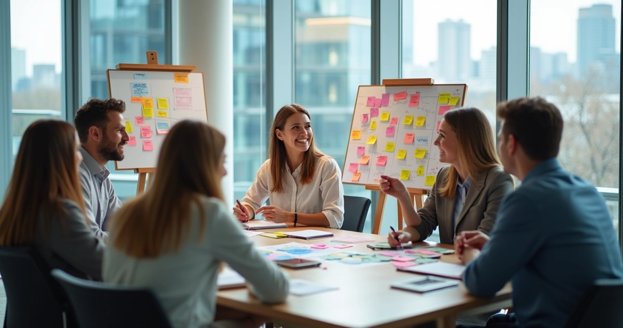 Employees participating in a group workshop with notes and charts 