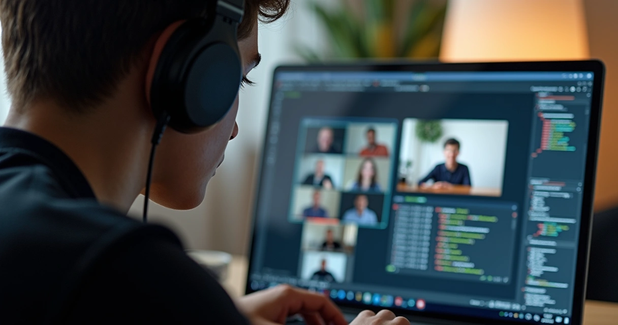 Profissional de TI participa de workshop online, interagindo com facilitador em tela 