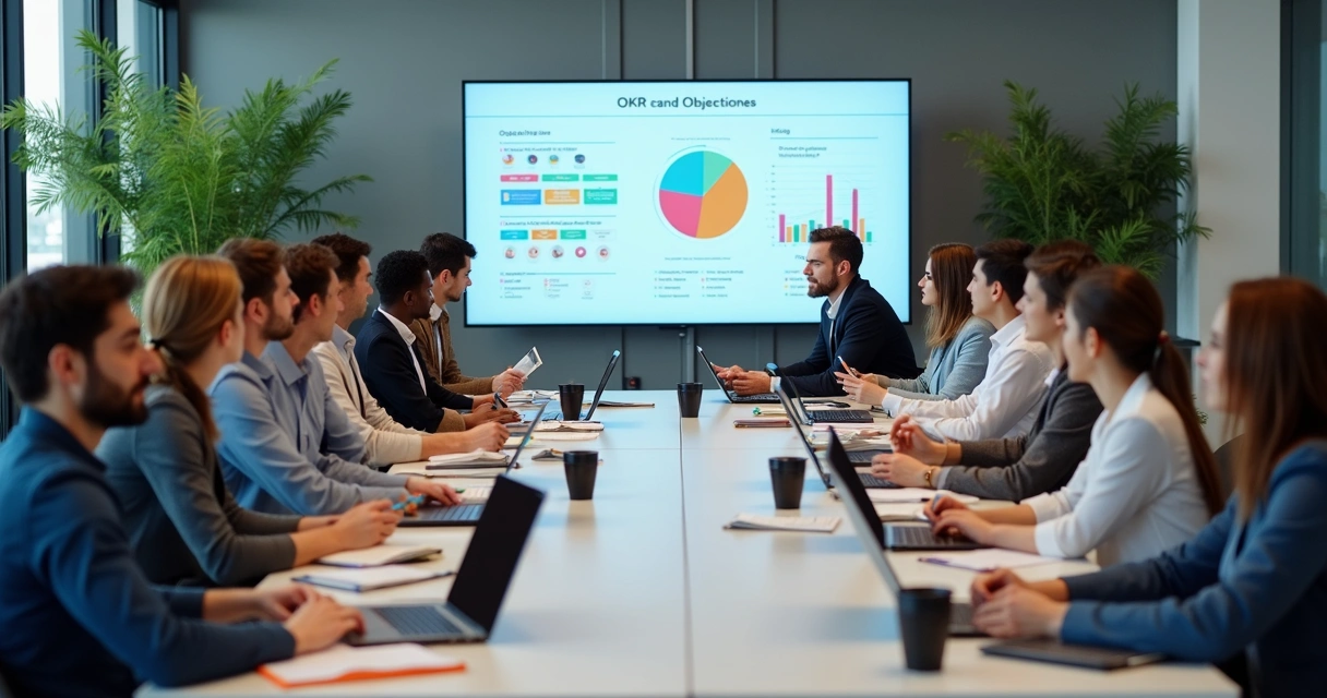 Equipe de profissionais reunida em workshop de OKRs, discutindo ao redor de uma mesa com laptops e blocos de notas, ambiente de escritório moderno, tela com gráfico de metas e indicadores ao fundo 