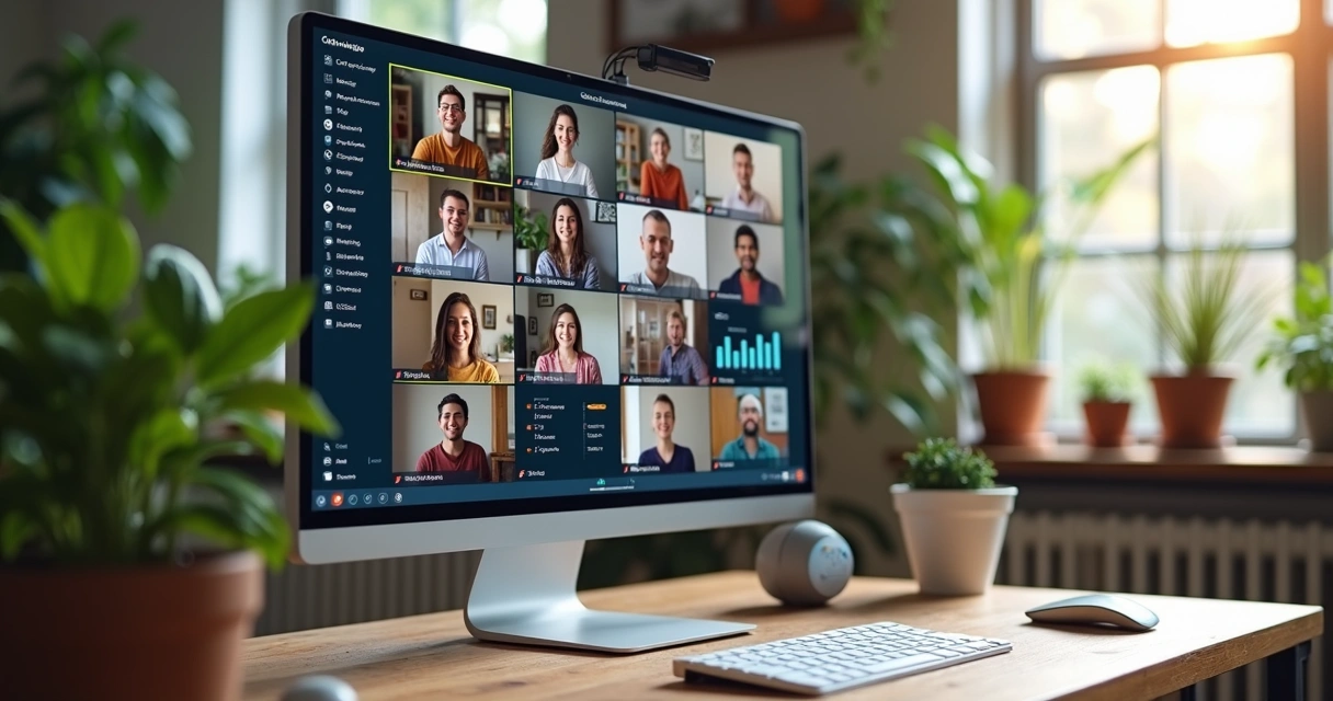 Tela de computador exibindo sala online interativa de workshop com participantes, chat ativo e recursos visuais dinâmicos 