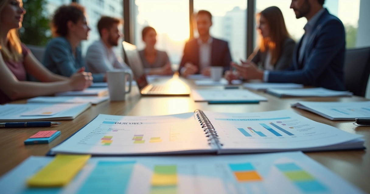 Mesa de reunião com cadernos, laptops e documentos com planos de OKRs organizados 