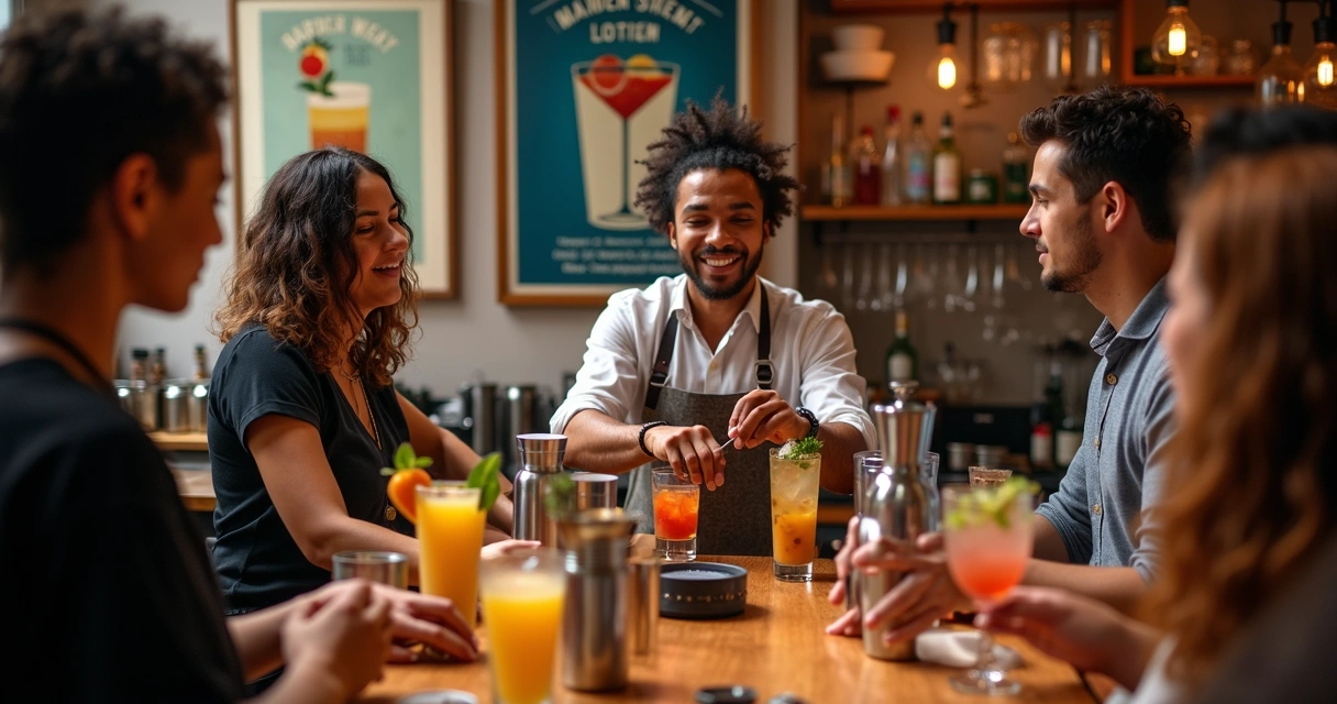 Momento de workshop de coquetelaria com bartender e barman 