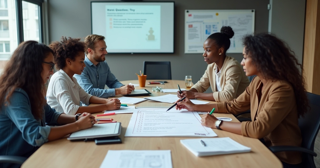 Pessoas discutindo roteiro em círculo com materiais de briefing 