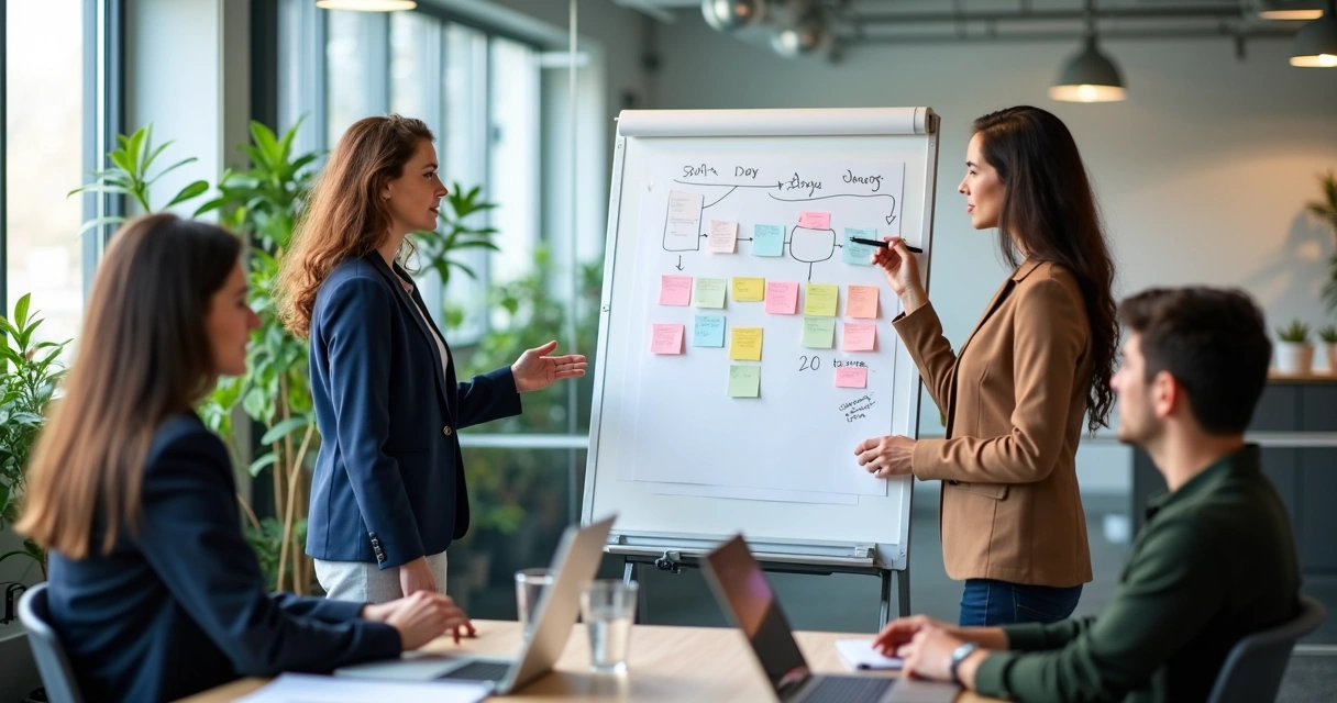 Team around a whiteboard during a workshop 