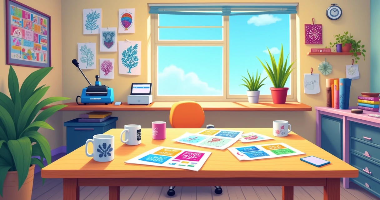 Espaço de trabalho colorido com mesa cheia de canecas personalizadas, esboços e máquina de sublimação.