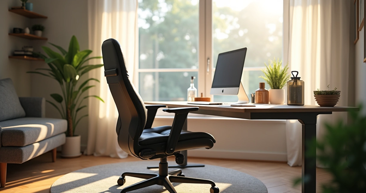 Ergonomic workspace arrangement with a comfortable chair, keyboard, and natural light