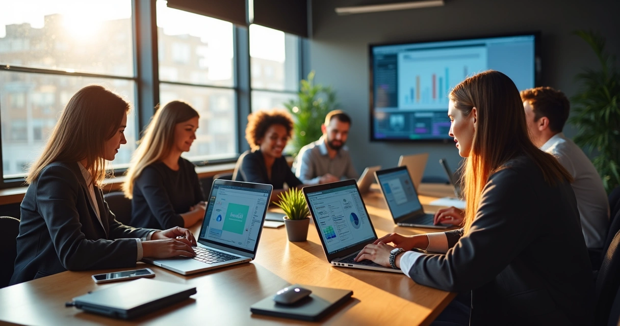 Ambiente de escritório moderno com equipes colaborando em uma mesa, vários notebooks abertos mostrando tela do Notion, ambiente com luz natural e elementos digitais ao fundo