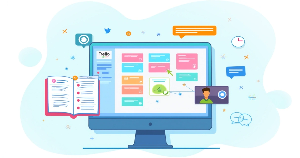 Espaço de trabalho vibrante com ferramentas de User Acceptance Testing como Trello e Google Forms.