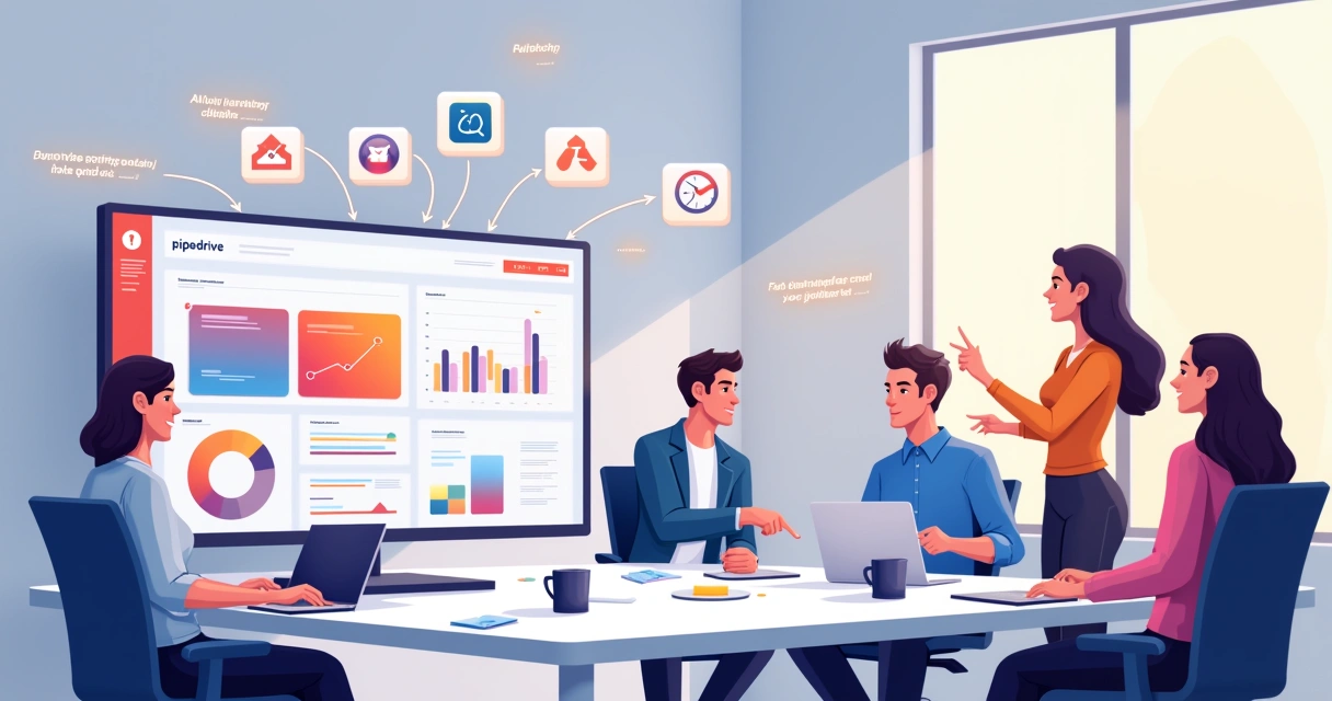 Ilustração de um espaço de trabalho moderno com integração do Pipedrive e ícones de aplicativos colaborativos.