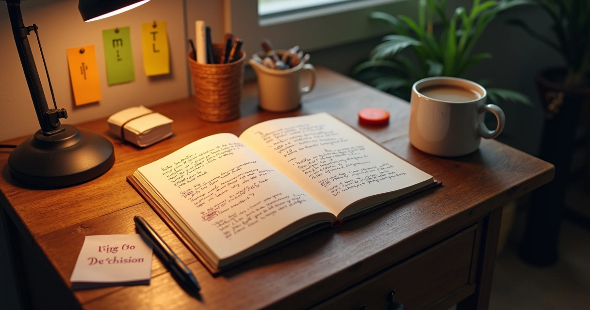 Desk with a journal open to notes on emotions and actions, coffee cup beside 