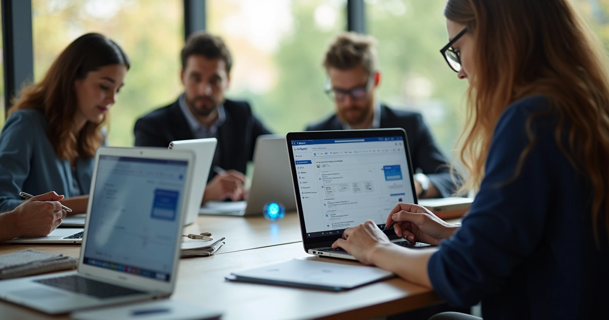 Equipe usando notebooks em espaço de trabalho moderno, tela do Notion visível 