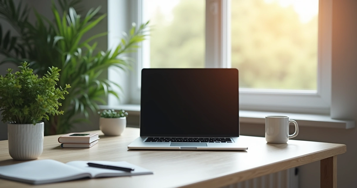 Mesa de escritório com notebook, planta e luz natural suave