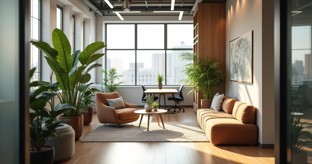 Office reflection corner with plants and soft seating 