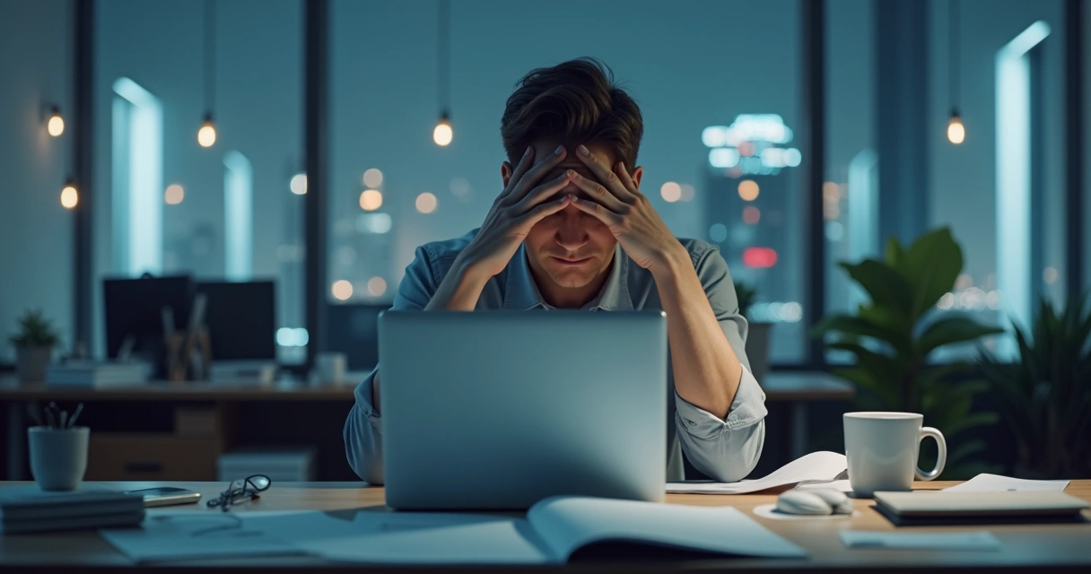 Modern office desk with a laptop, paperwork, and person holding head in hands 