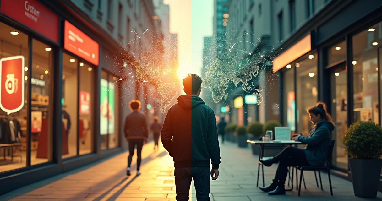 Split scene of two people making contrasting financial choices on the same city street 