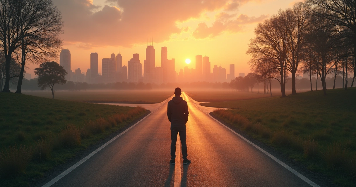 Person standing at financial crossroads with city ahead and nature behind