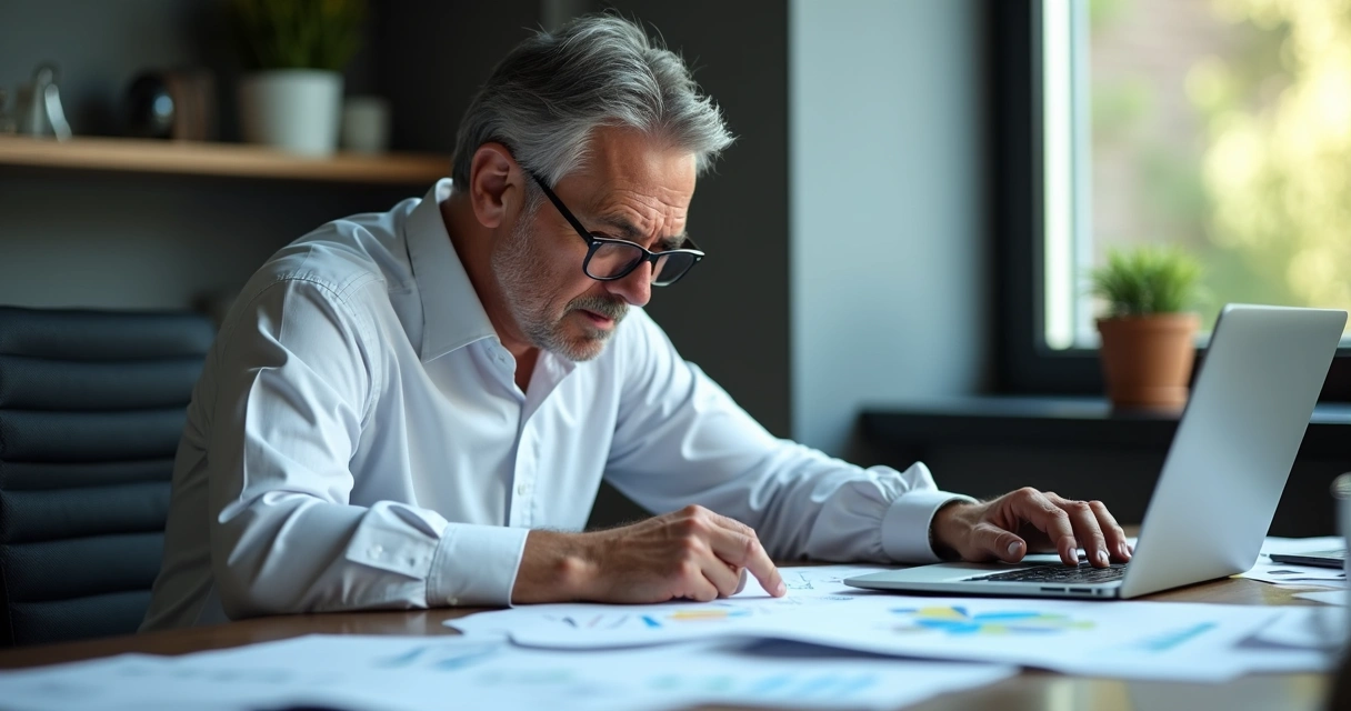 Business leader at desk with worried face and paper reports 