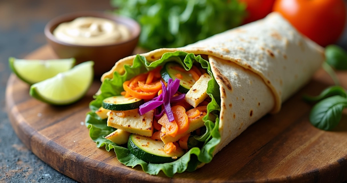 Wrap recheado de tofu grelhado e legumes frescos 