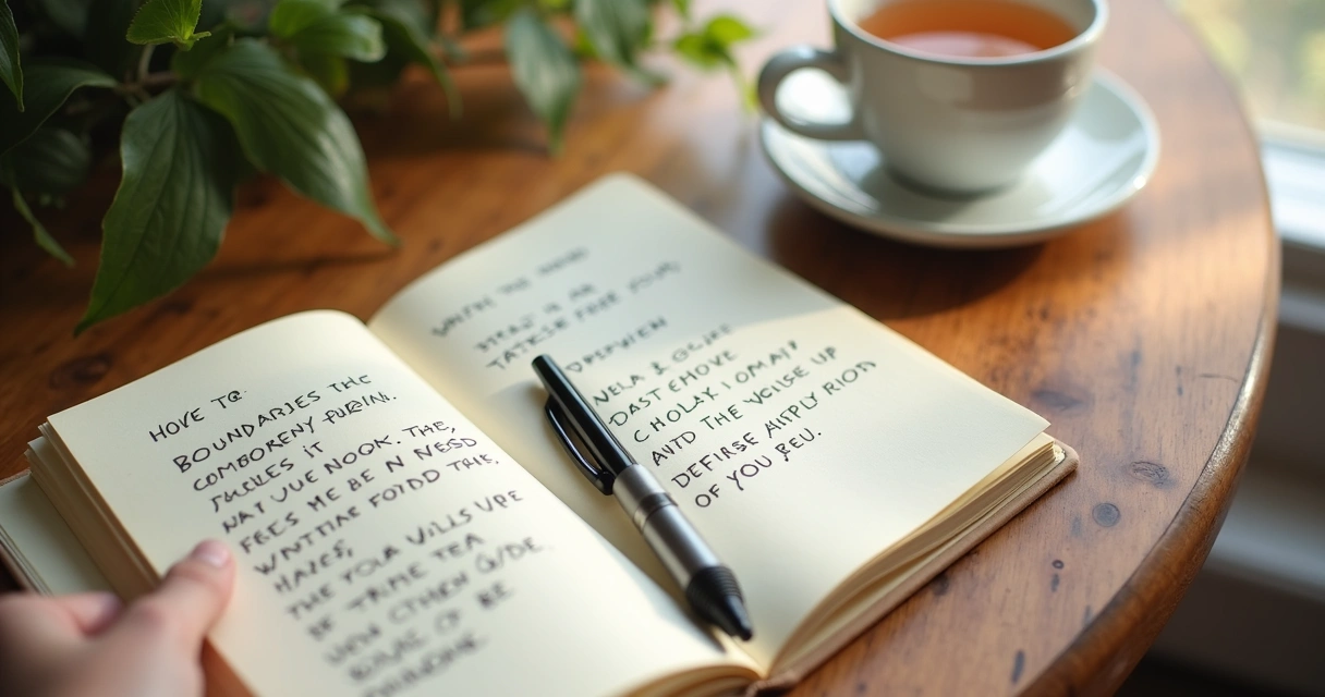 Open journal with boundary notes beside a cup of tea