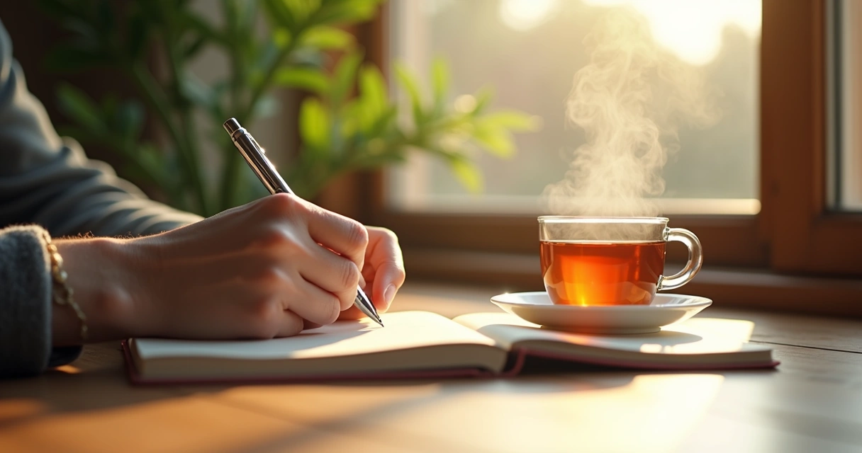 Person writing quietly in a journal by a sunlit window 