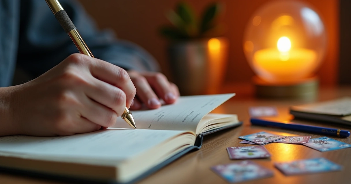 Hand writing in oracle journal next to cards 