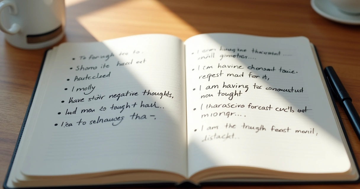 Notebook page with negative thoughts written down and a pen beside it