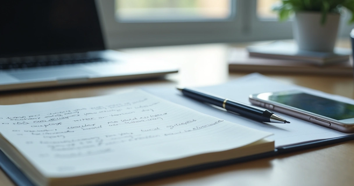 Notebook with unspoken feedback notes beside a laptop in an office 