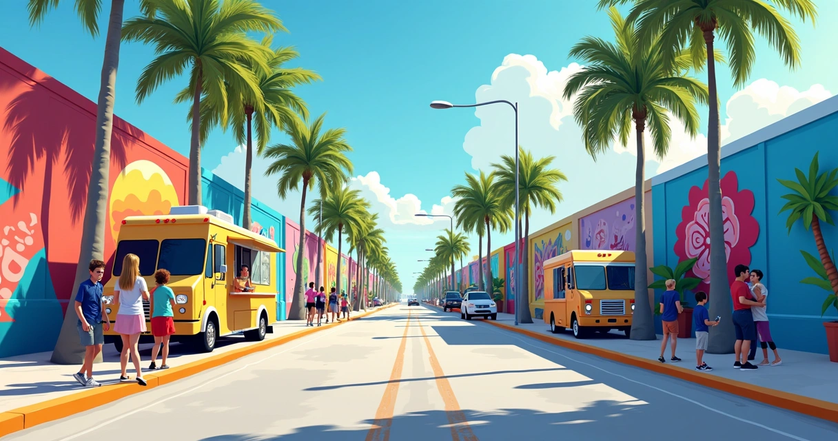 Quarteirão colorido de Wynwood com murais grafitados 