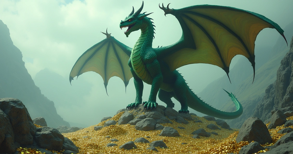 Wyvern em cima de montanha rodeado de moedas 