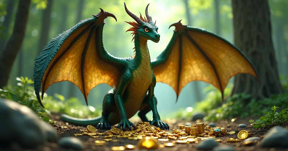 Wyvern poderoso em um cenário de floresta com itens de loot ao redor como moedas de ouro e talismãs brilhantes 