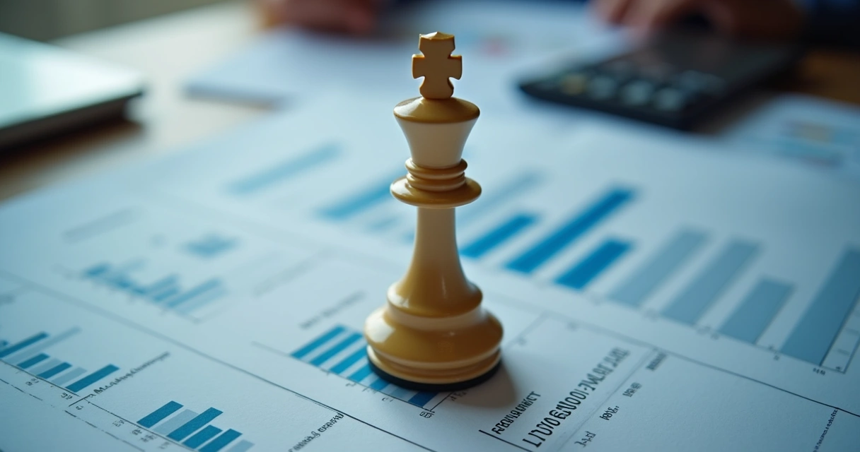 Peça de xadrez rainha sobre tabuleiro, planilhas fiscais ao fundo 