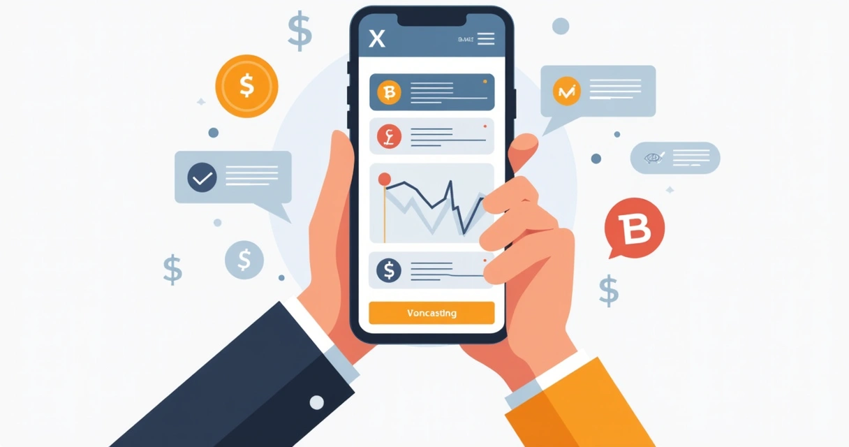 Tela de smartphone exibindo X Chat com smart cashtags para criptomoedas e ações