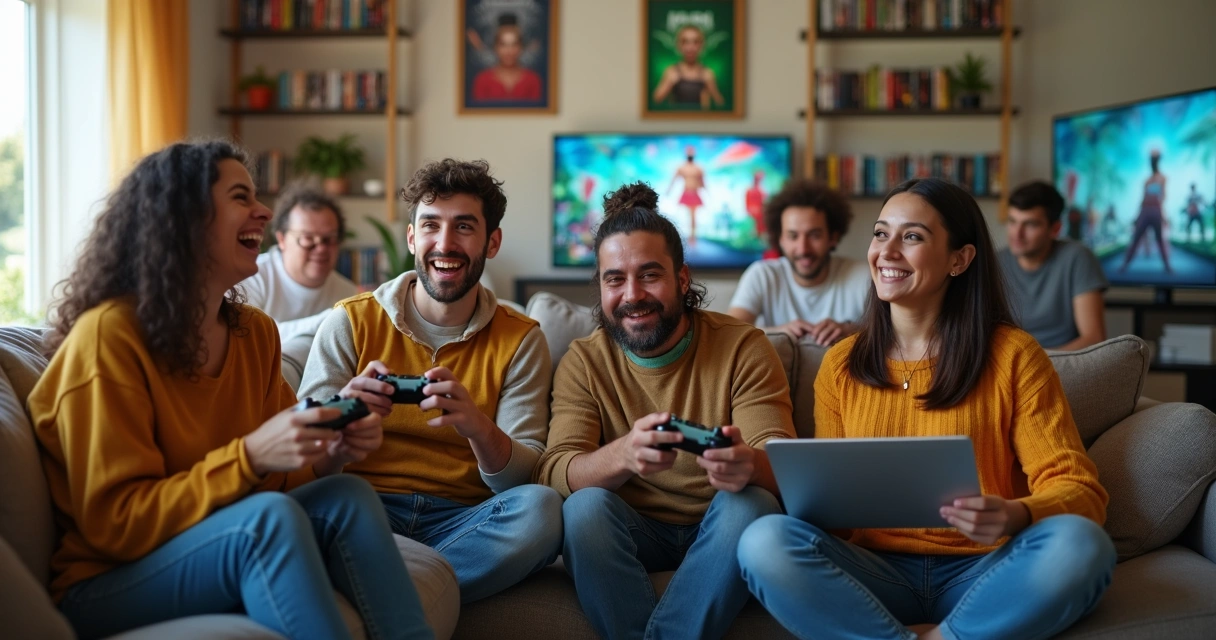 Gente jogando juntos com vários videogames e computadores diferentes 
