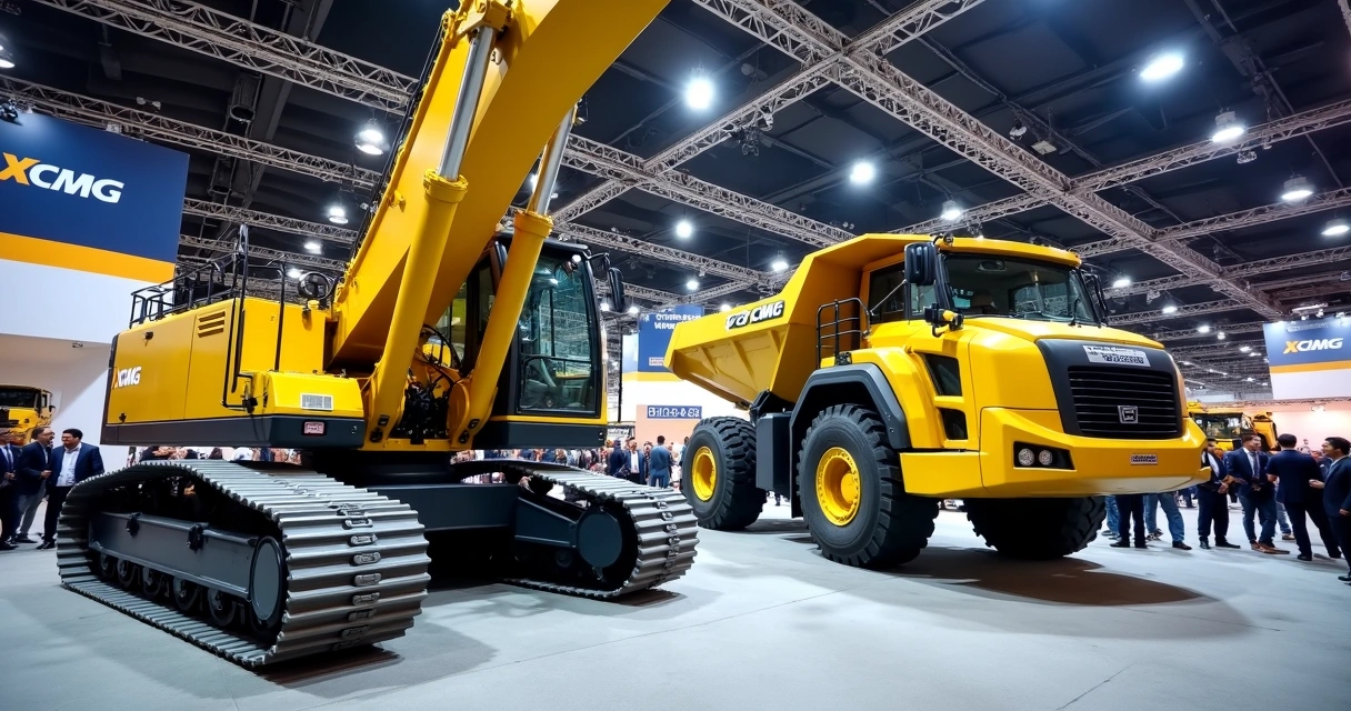 Equipamentos de mineração XCMG expostos em feira industrial coberta 