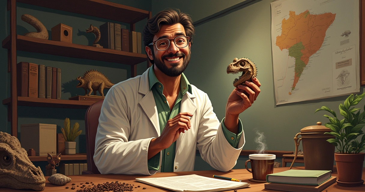 Pesquisador segurando fóssil de dinossauro e xícara de café 