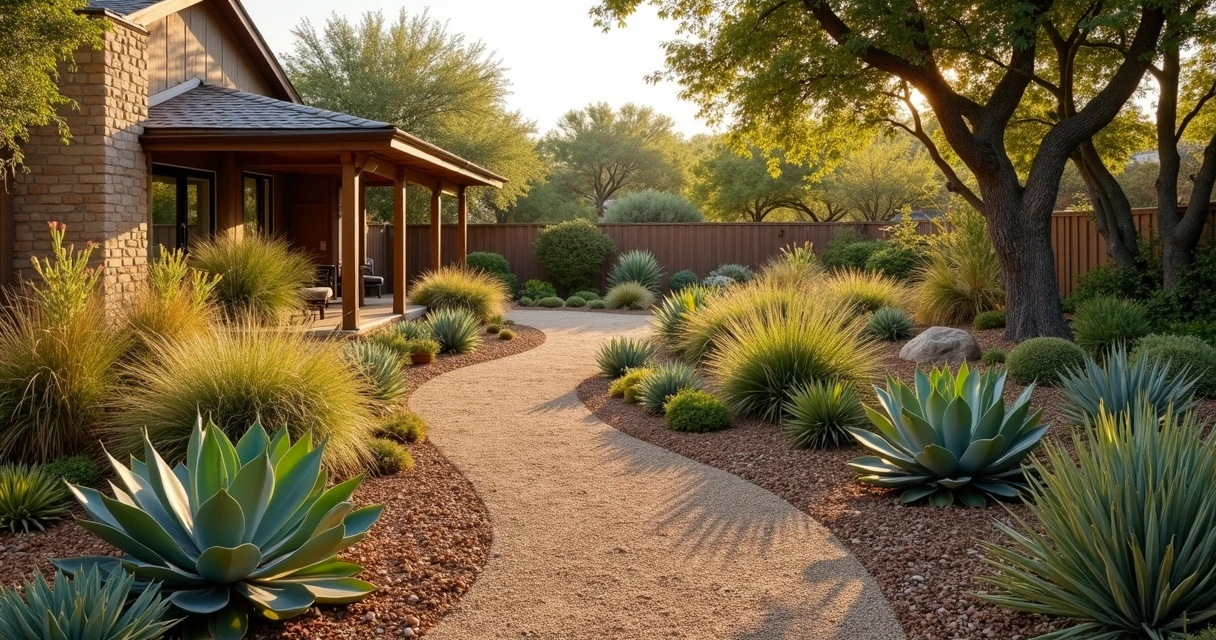 Diverse xeric plants in dry landscape design 