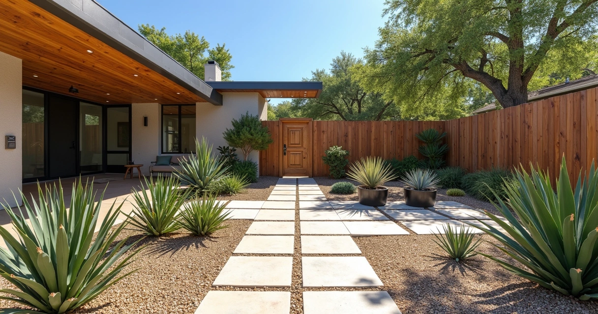 Xeriscape front yard with native plants and gravel in Austin